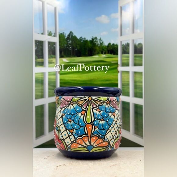 Vibrant Talavera Planter with Drainage Hole | Hand-Painted Mexican Ceramic Pot - Picture 7 of 13